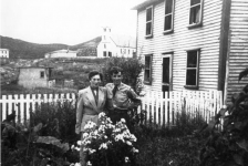 074: Mary Dunphy and her future husband Herb Lamb, in Mrs. Jule McCarthy's garden.  (1950) [courtesy of Mary (Dunphy) Lamb]  - Mary daughter of Thomas Dunphy &amp;amp; Anne Carroll